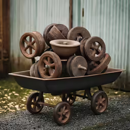 some wheels and wooden rims in a black wheel barrow