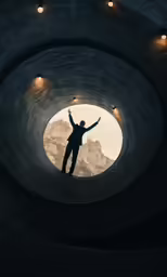 man standing in the middle of a tunnel