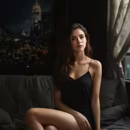 a very attractive young lady sitting on a couch
