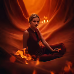 woman in red dress sitting with orange light shining in background
