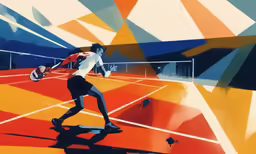 a painting of a woman playing tennis on a brightly colored court