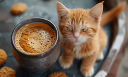 a cat that is sitting next to a cup of coffee
