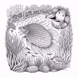 two fish in an underwater scene with corals and algae