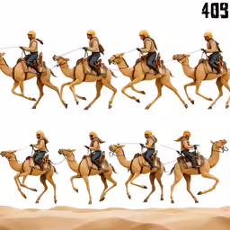 four pictures of a person riding a camel