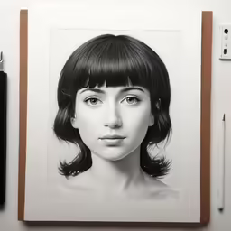a womans face is shown behind some black and white items