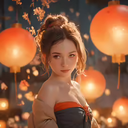 an asian woman with brown eyes and red dress