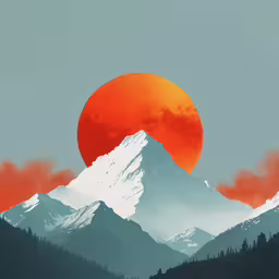 a colorful illustration of the sun setting over the mountains