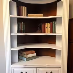 a corner shelf sitting inside of a bedroom,a white book shelf with four drawers in front,some white shelves with books and drawers,an empty white shelf with books in it,a white book case with many different books on it