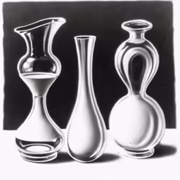 three different shaped vases are in a black and white photo