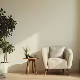the room with the chair is furnished with potted plants