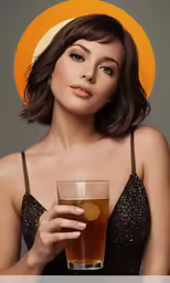 a woman in a black dress holding a glass of liquid
