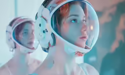 a woman wearing headphones in a futuristic setting