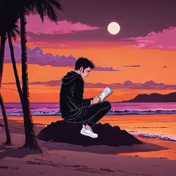a man sitting on top of a rock near the ocean,a man sitting on top of a beach while holding a book