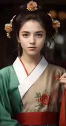 woman with dark hair wearing a flowered headpiece and matching kimono