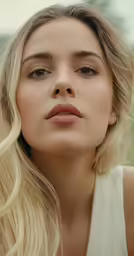 a woman with blonde hair and smoky eyes is looking into the distance