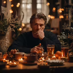 a man with a hand on his mouth sitting at a table in a darkened restaurant