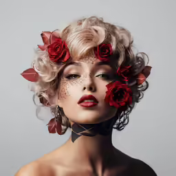 a woman with red roses on her face and face