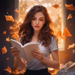 a woman reading a book on her bed with orange paper flying around her