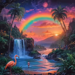 a large pink flamingo is standing in front of a waterfall