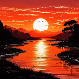 a river that has some water under a bright red sky