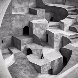 a person walking past some steps and walls