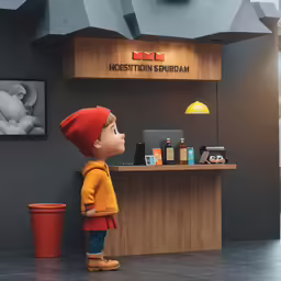a man sitting behind a counter with a cup and orange pot next to him