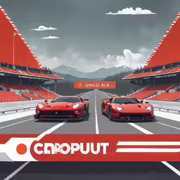 a red and white photo with two racing cars on a track,two racing cars on a track with mountains in the background