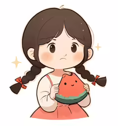 a cartoon girl holding a piece of watermelon