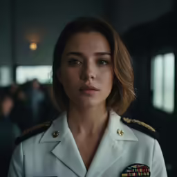 a woman in uniform standing in a dark room