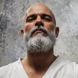 a man with grey beard wearing a white tshirt