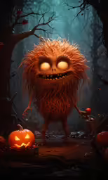a furry looking creature with orange eyes in the woods