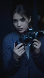 a woman is holding her camera up to the camera
