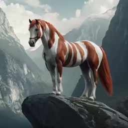 a horse in costume standing on a rock, in front of a mountain range