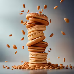 the stack of bread, with sprinkled nuts falling to it, makes for a very large display