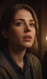 a woman with light blue eyes looking directly into the distance