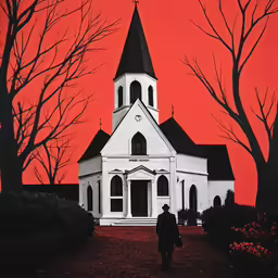 a person walking away from an old white church