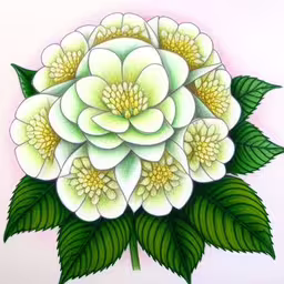 a picture of a white flower with green leaves,drawing of a flower with green leaves