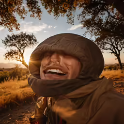 a man is standing with a hood on in front of trees