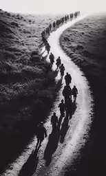 a black and white photo with a group of soldiers marching down a path