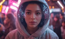 an asian woman in a hooded jacket is surrounded by many lights