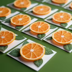 several slices of orange on some cards with leaves on them