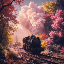 an animated image of an old style train going through a wooded landscape