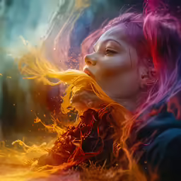 a woman is shown blowing up some colorful smoke