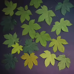 various leaves of a green tree on a purple surface