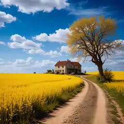 the dirt road goes through a yellow field