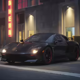 the black sports car is parked outside of a building
