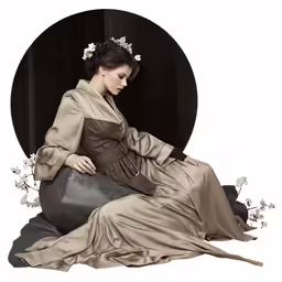 a woman in a long dress sitting on a round rock