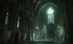 a dark church with two people standing in the midst