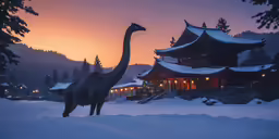 a large giraffe walks across the snow at dusk