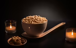 a bowl of peanut butter next to two candles and spoon